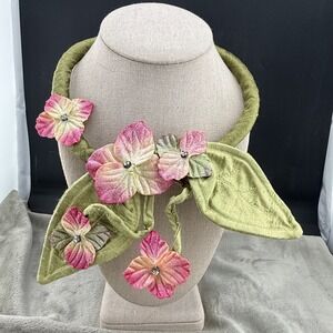 Vintage Necklace‎ Flower Fabric Artisan Statement Spring 18"